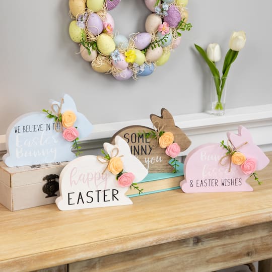 8&#x22; Floral Bunny Wooden Tabletop Easter Signs, 4ct.